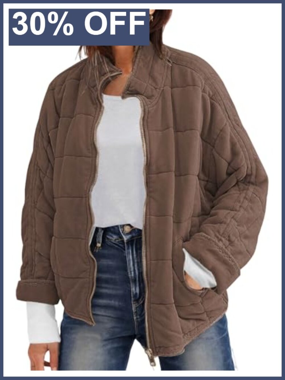 Womens Quilted Lightweight Puffer Jacket Full Zip Stand Collar Loose Fit